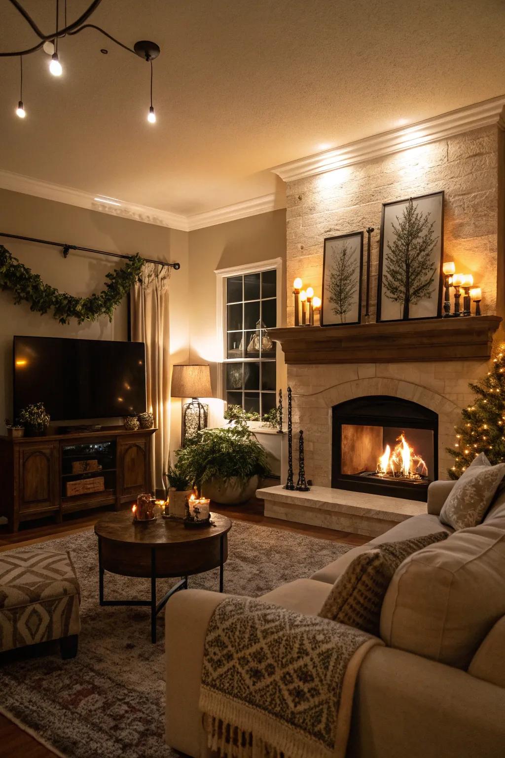 Ambient lighting enhances the architectural appeal of the fireplace.