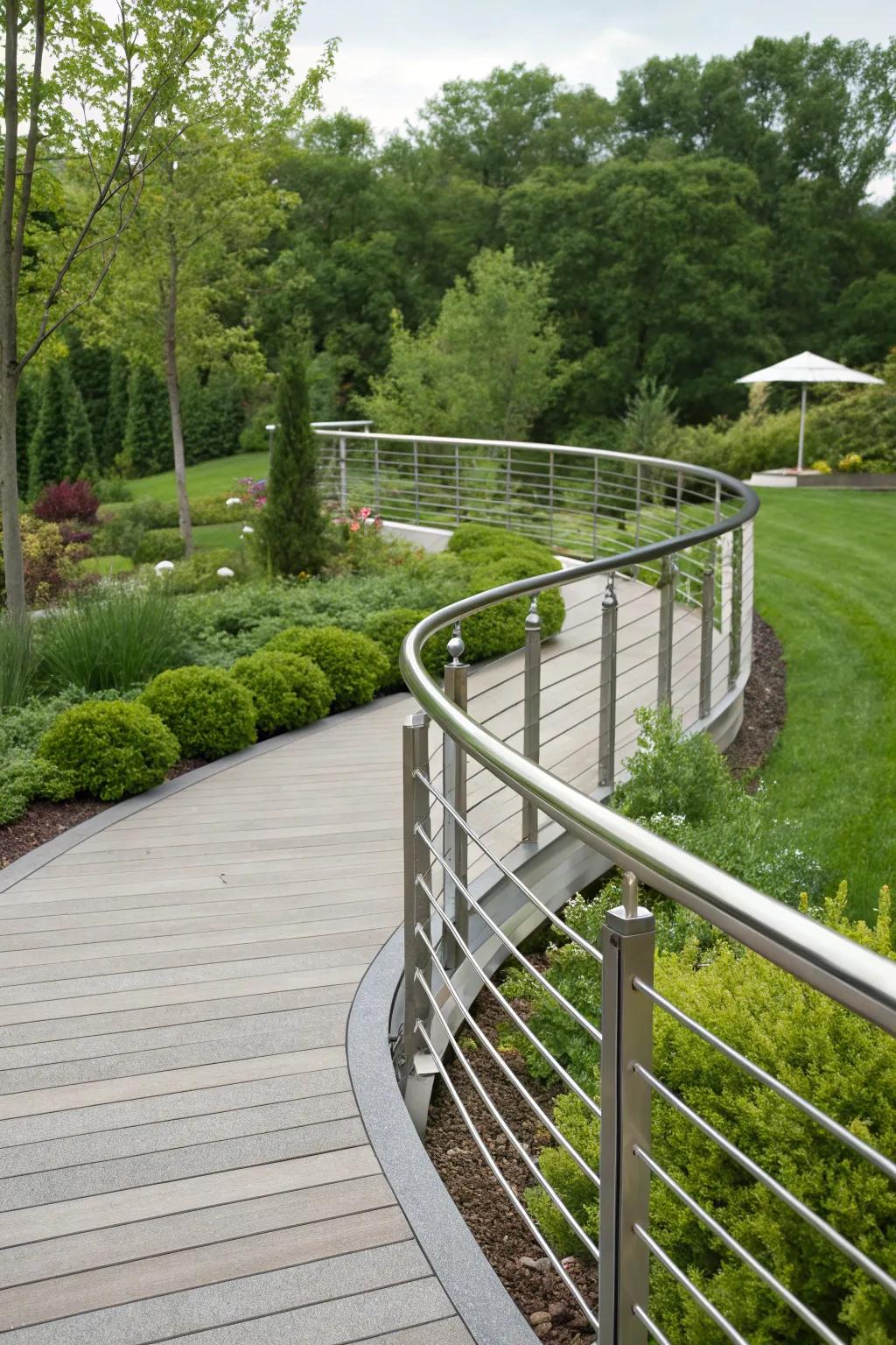 Curved aluminum railings adding elegance to garden paths.