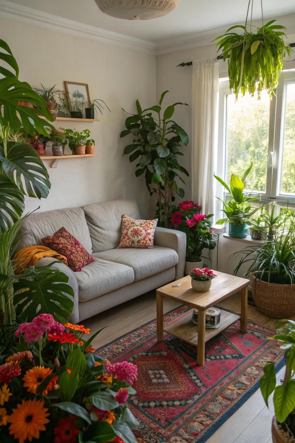 Houseplants bring vibrancy and freshness to this small living room.