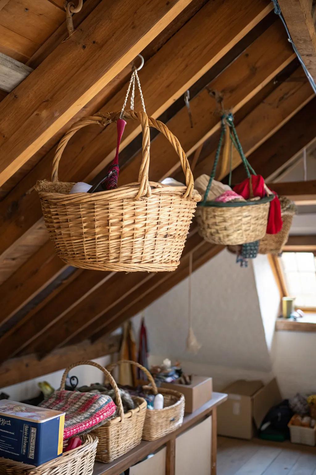 Utilize ceiling space with hanging baskets for lightweight storage.