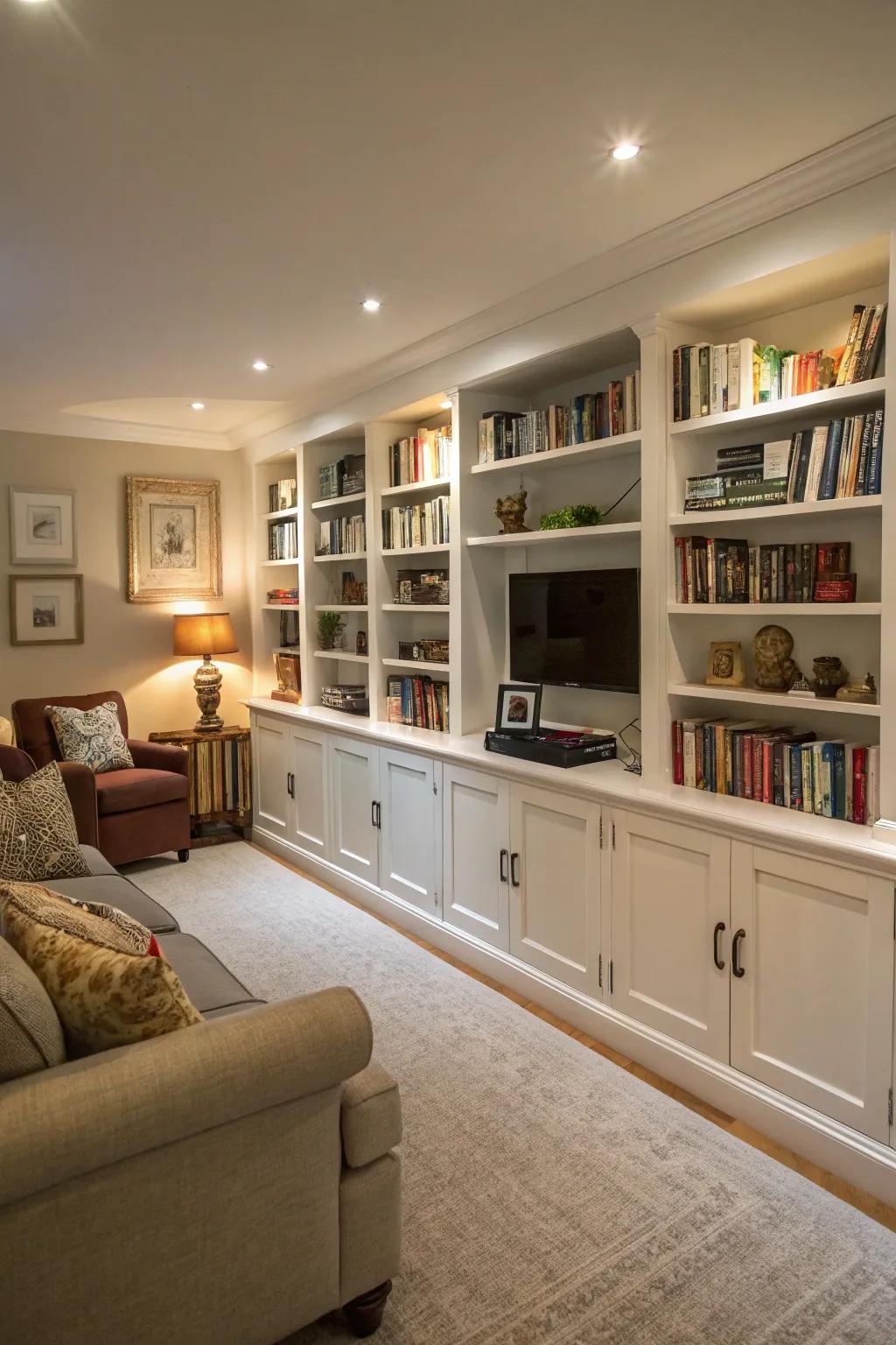 Bookshelves offer storage and style along long walls.