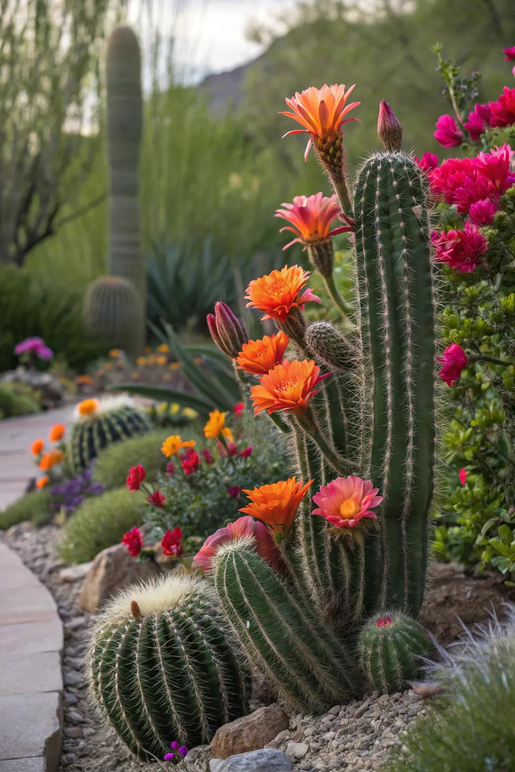 Bright flowers in bloom add striking colors to the cactus garden.