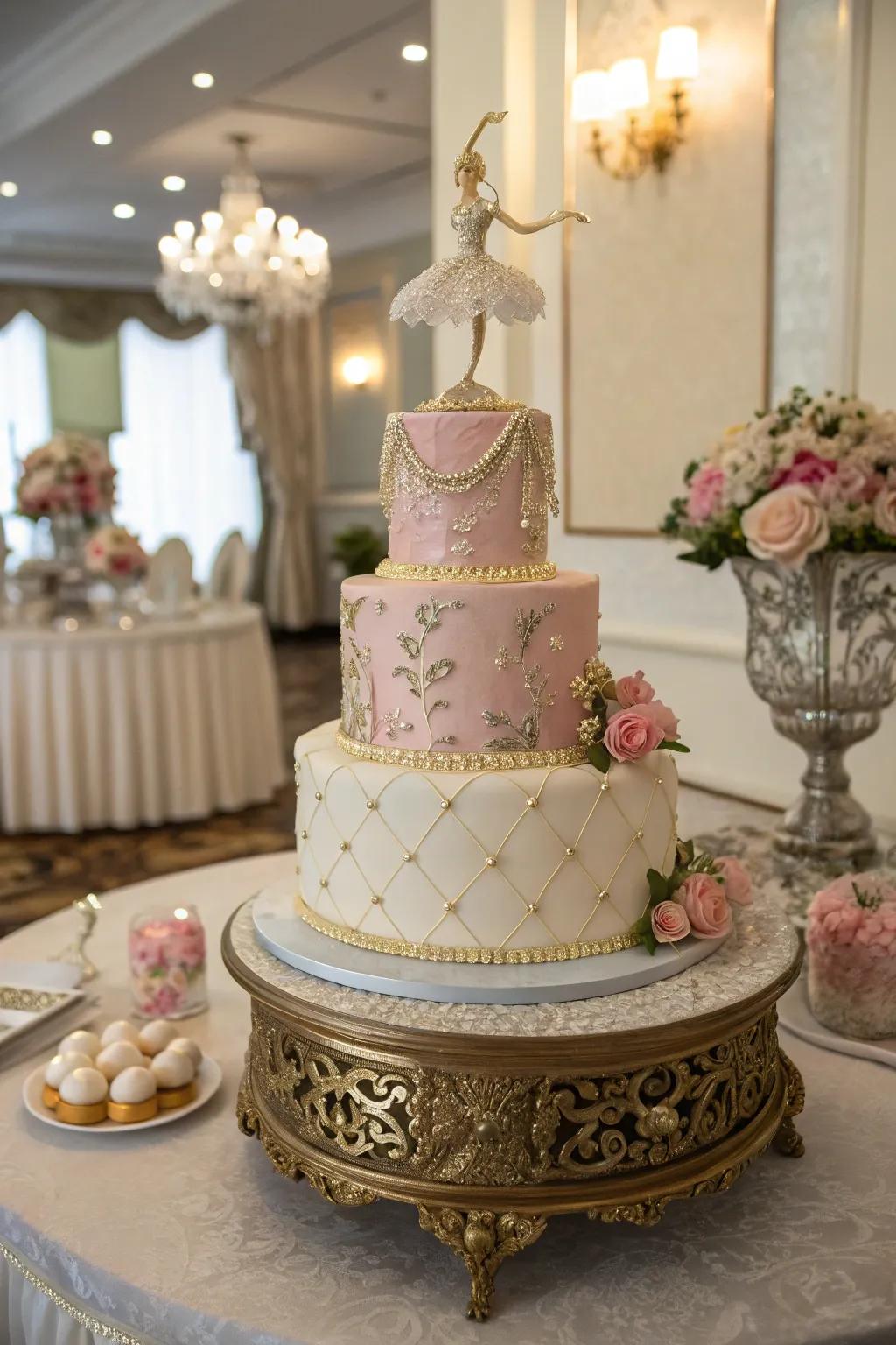 A multi-tiered cake adds grandeur and storytelling layers.