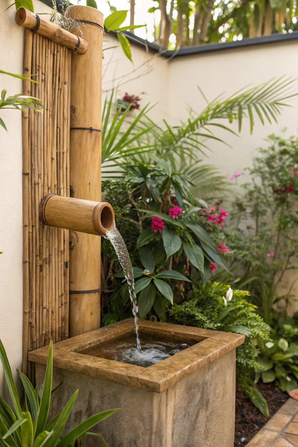 A space-saving wall-mounted bamboo water feature.