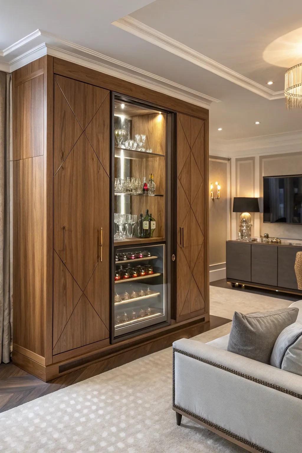 A sleek and tidy hidden bar cabinet design.