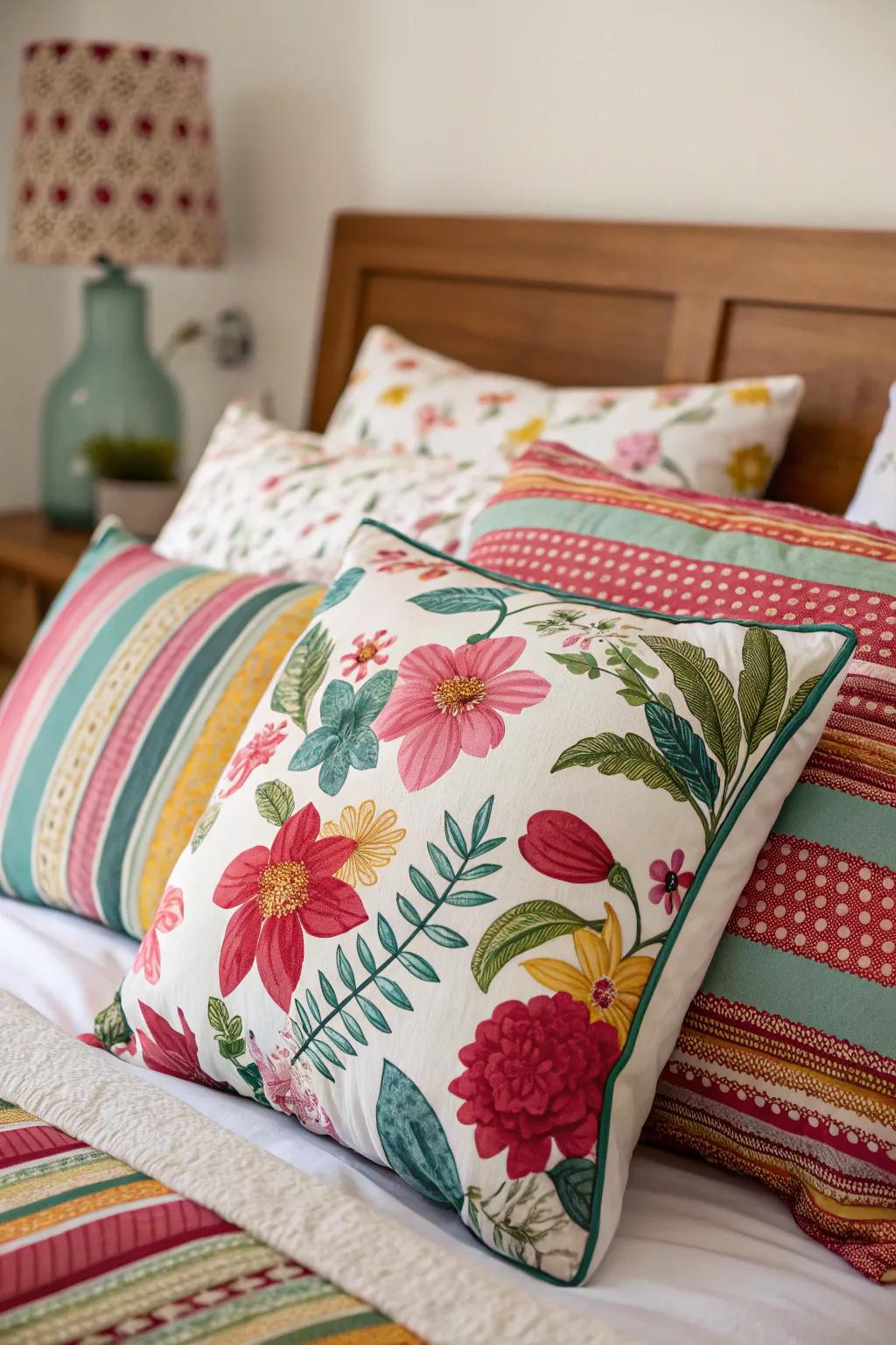 Pattern mixing adds a playful touch to your pillow arrangement.