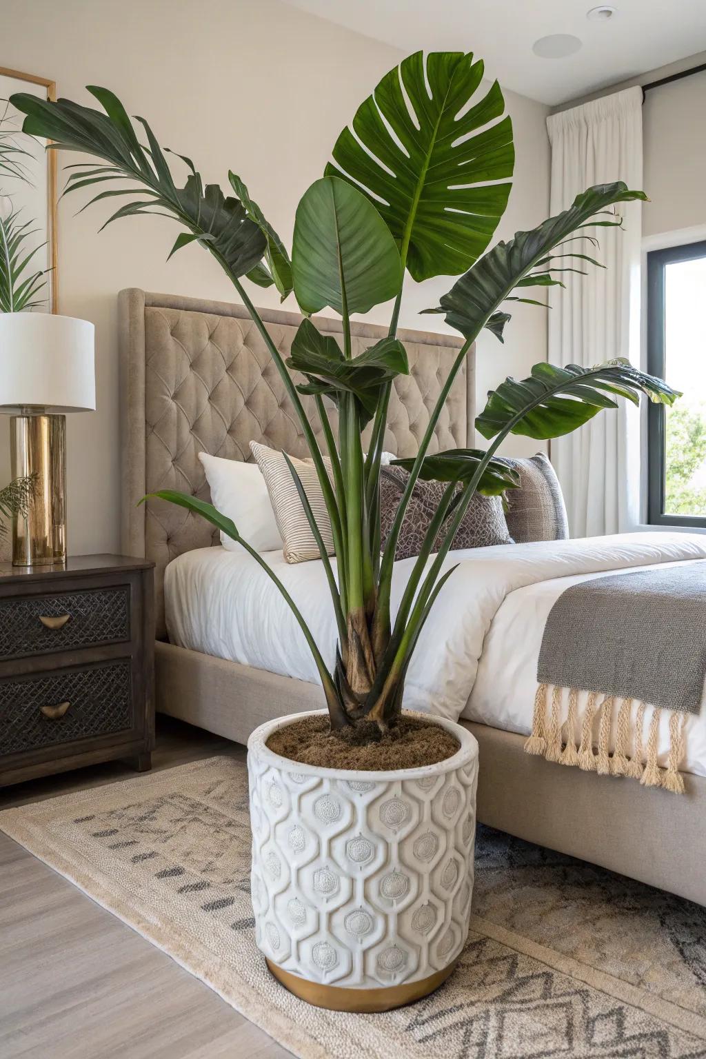 A large plant transforms your bedroom into a lush retreat.