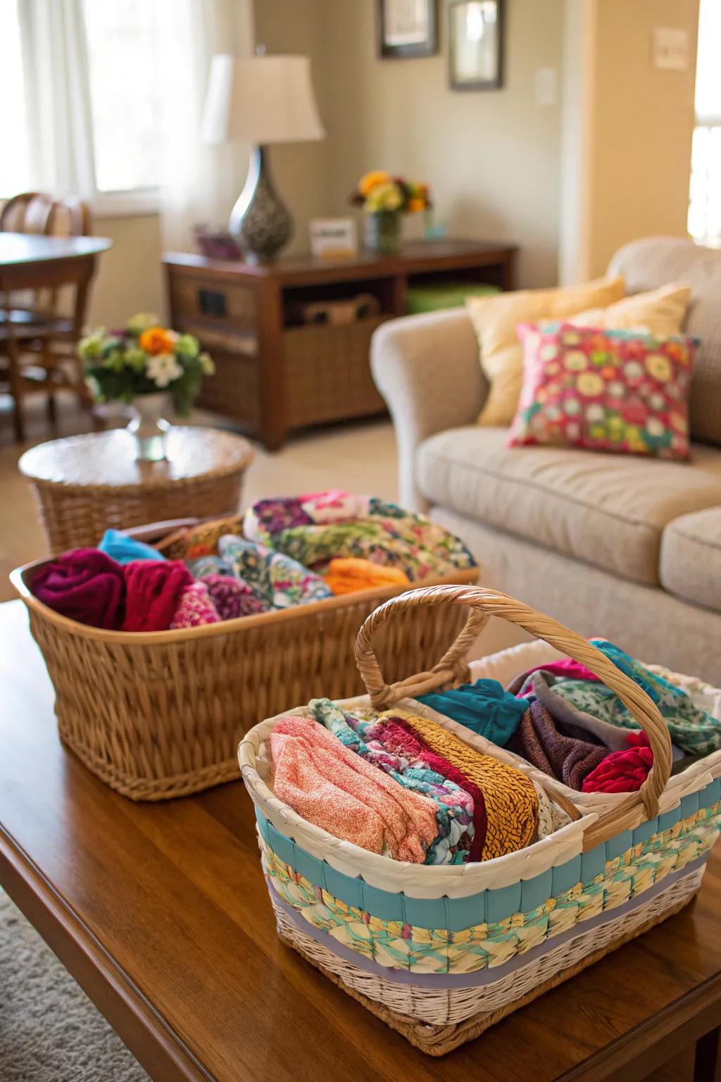Inject color with fabric scrap-covered baskets.
