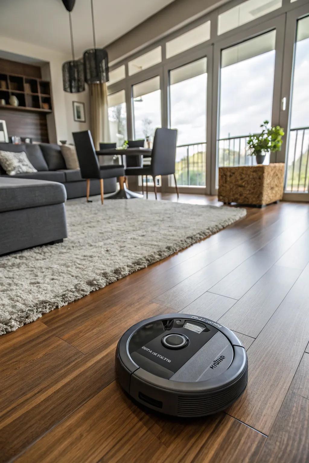 A robotic vacuum efficiently cleans a modern living room, ensuring spotless floors with minimal effort.