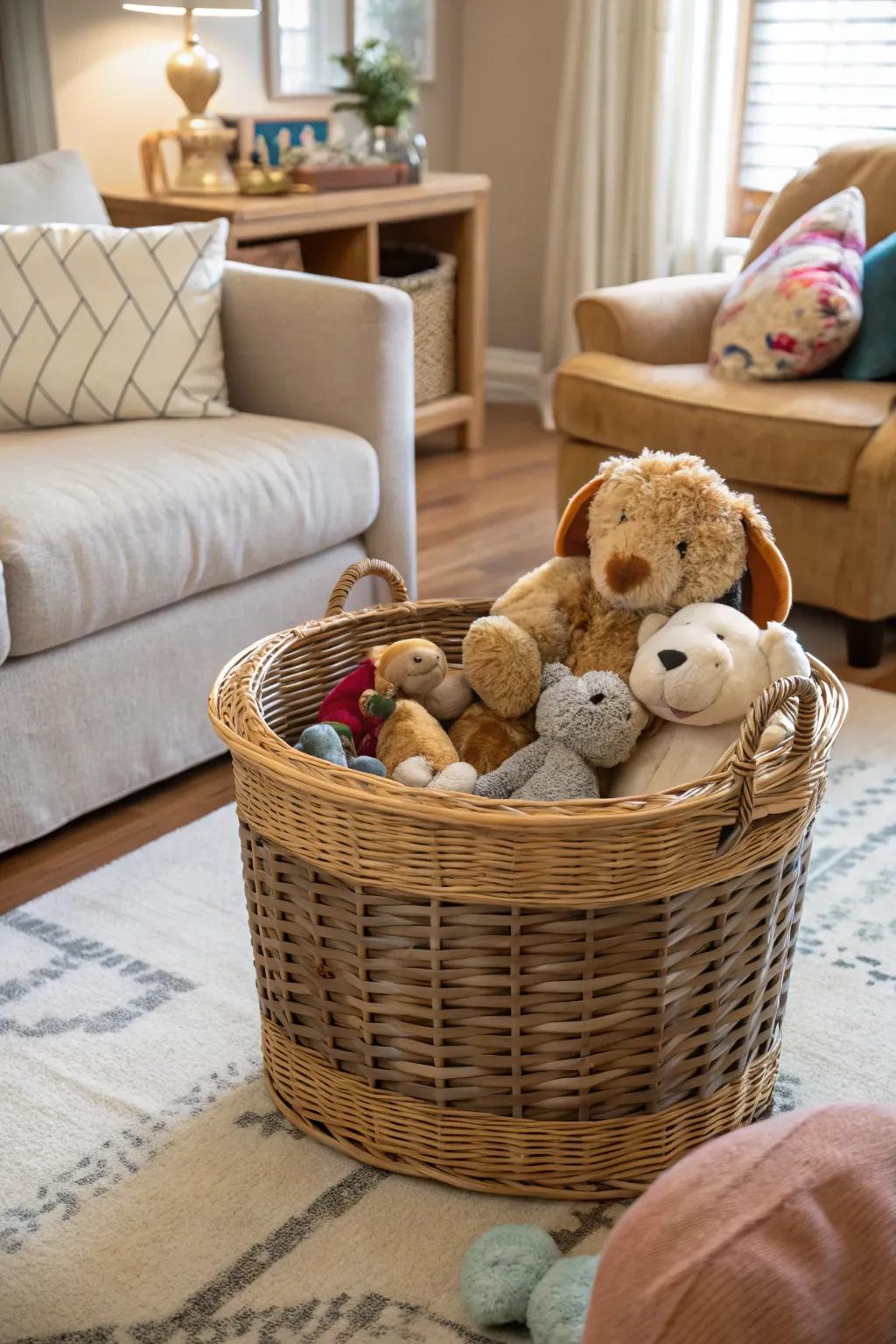 Wicker baskets are stylish and functional for storing toys.