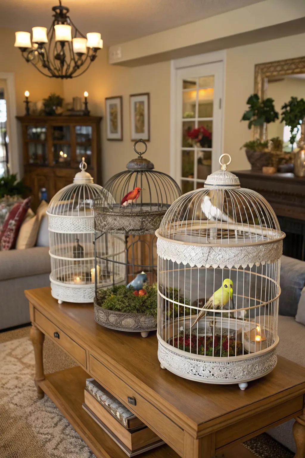 A cohesive display of multiple bird cages for visual impact.