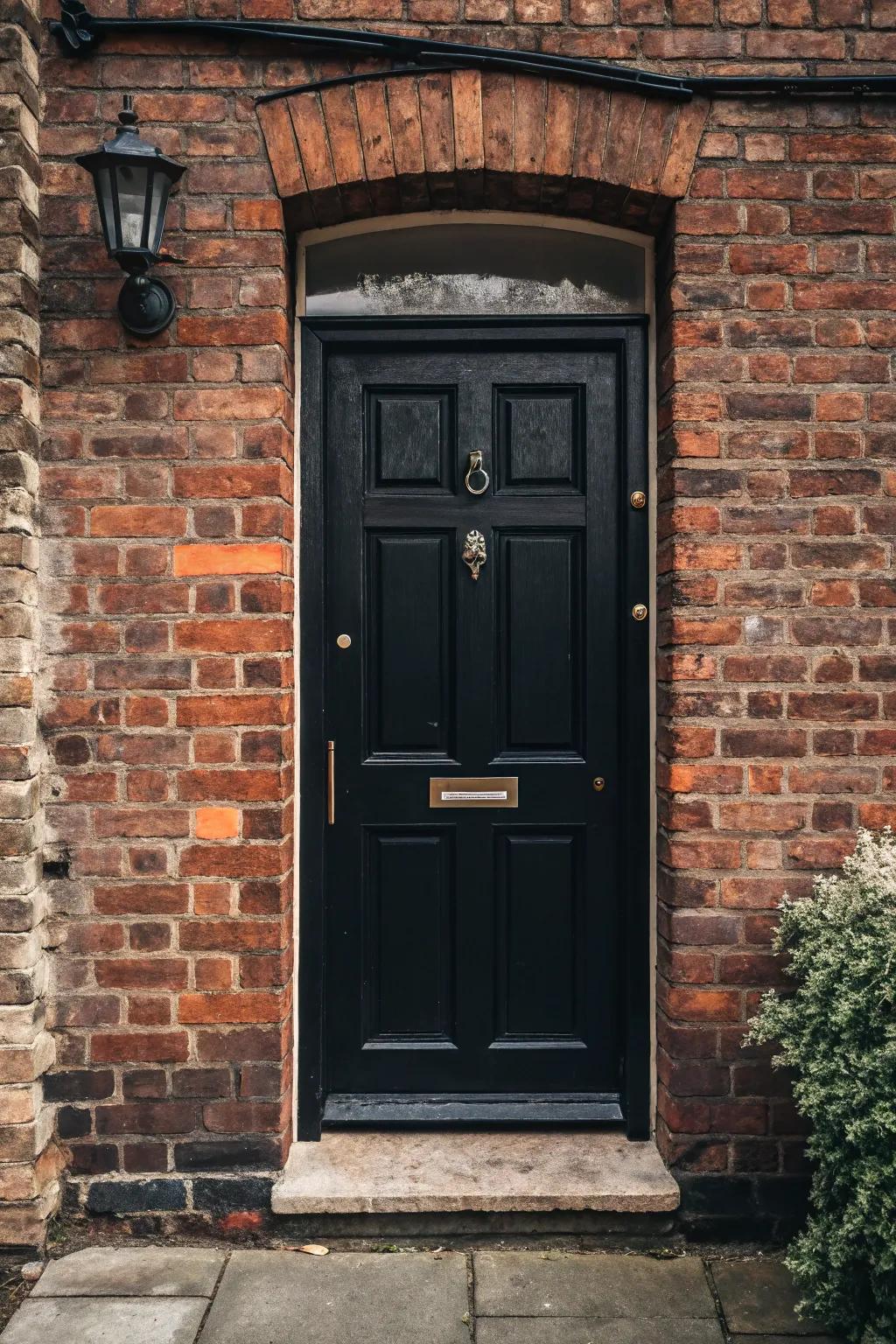 A black door standing out beautifully against a brick facade.