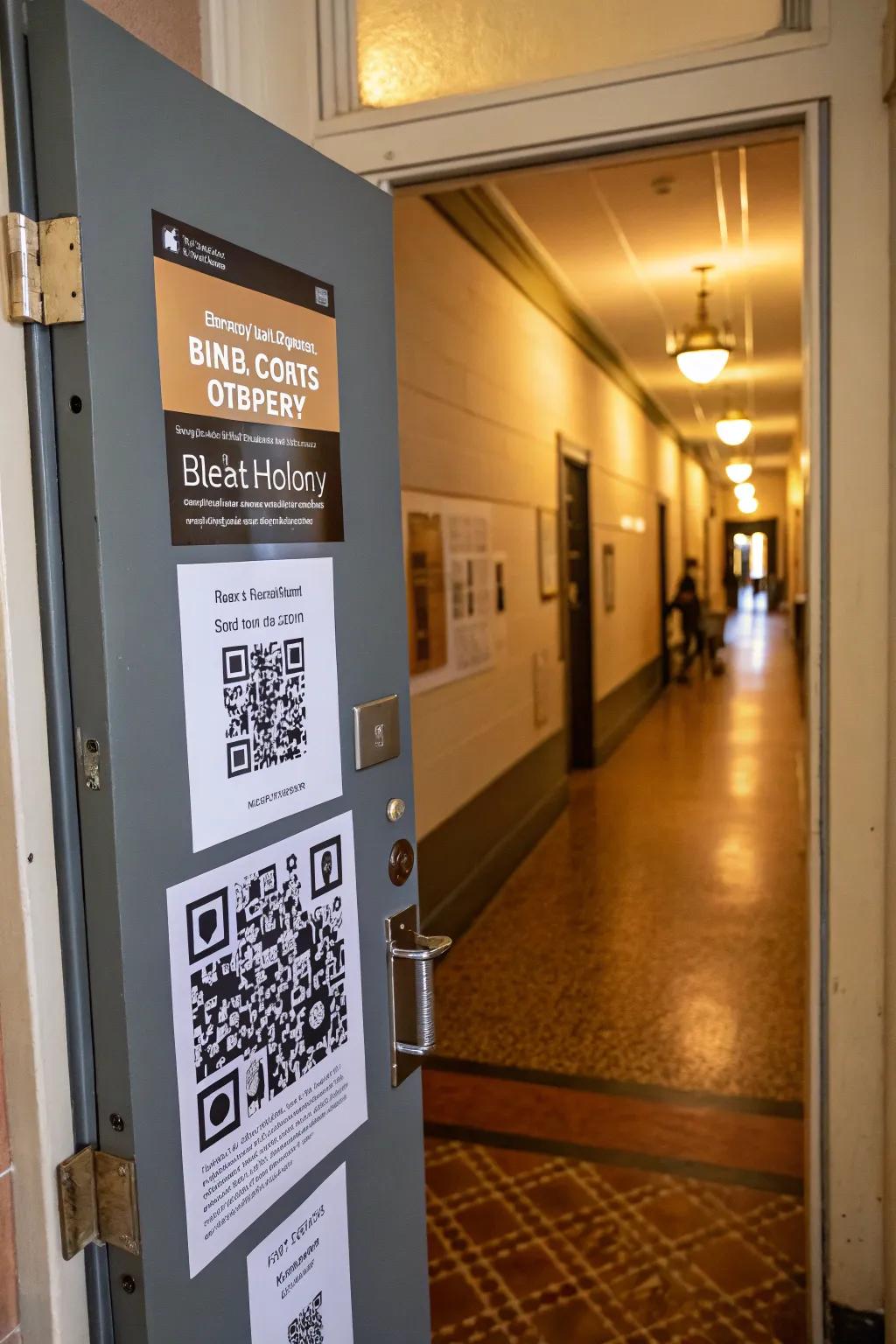 An interactive learning-focused door with QR codes for deeper exploration.