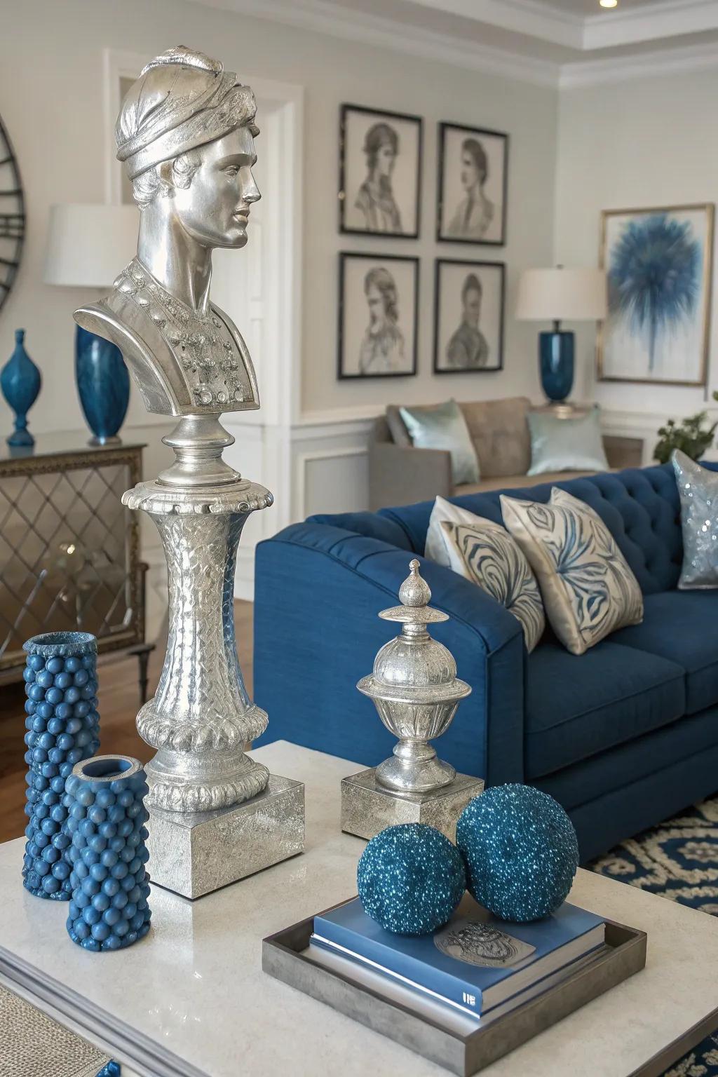 Ag sculptures inject a stylish focal point into this fashionable blue family room.