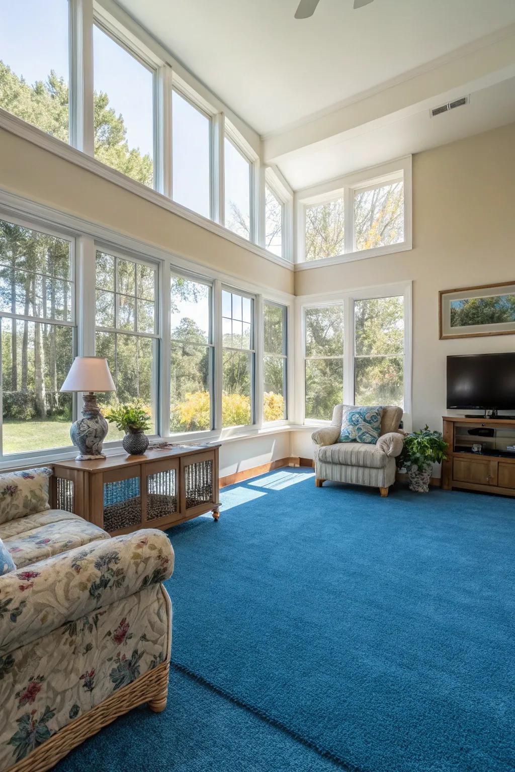 Natural light amplifies the beauty of a blue carpet in a bright, airy living room.