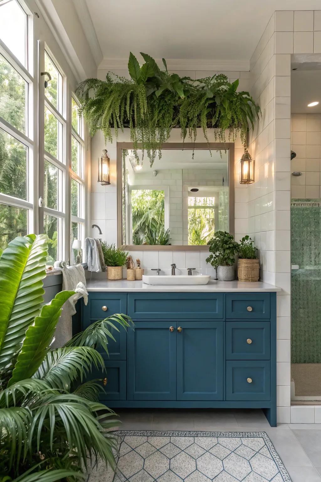 Greenery enhances the calming effect of a blue vanity.