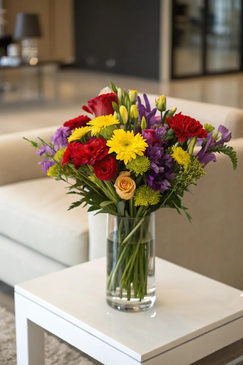 Intense shades result in an impressive flower arrangement.