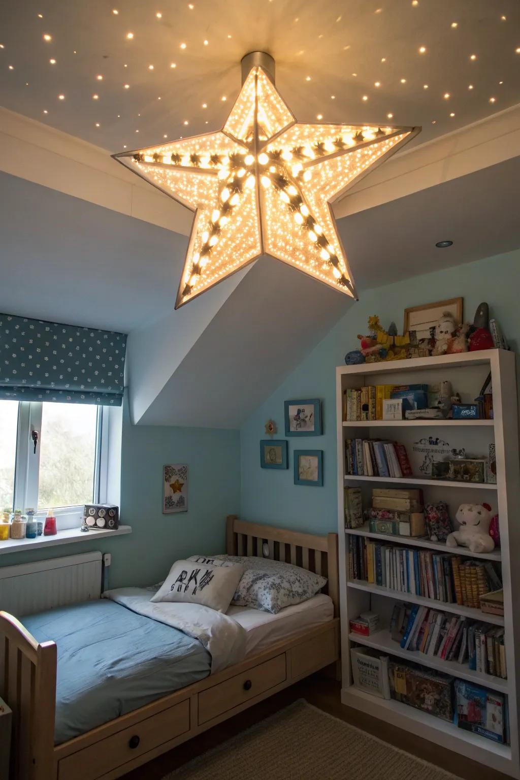 Distinctive lighting adds charm and character to a boys bedroom.