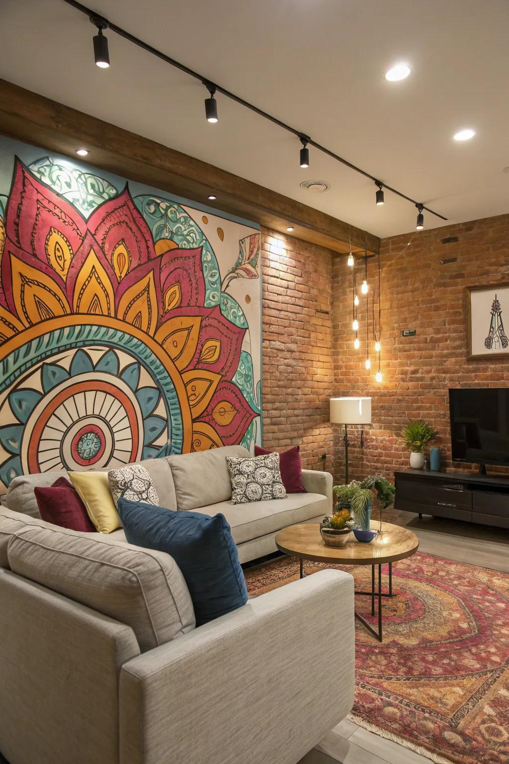 Custom mural becomes the living room's centerpiece.