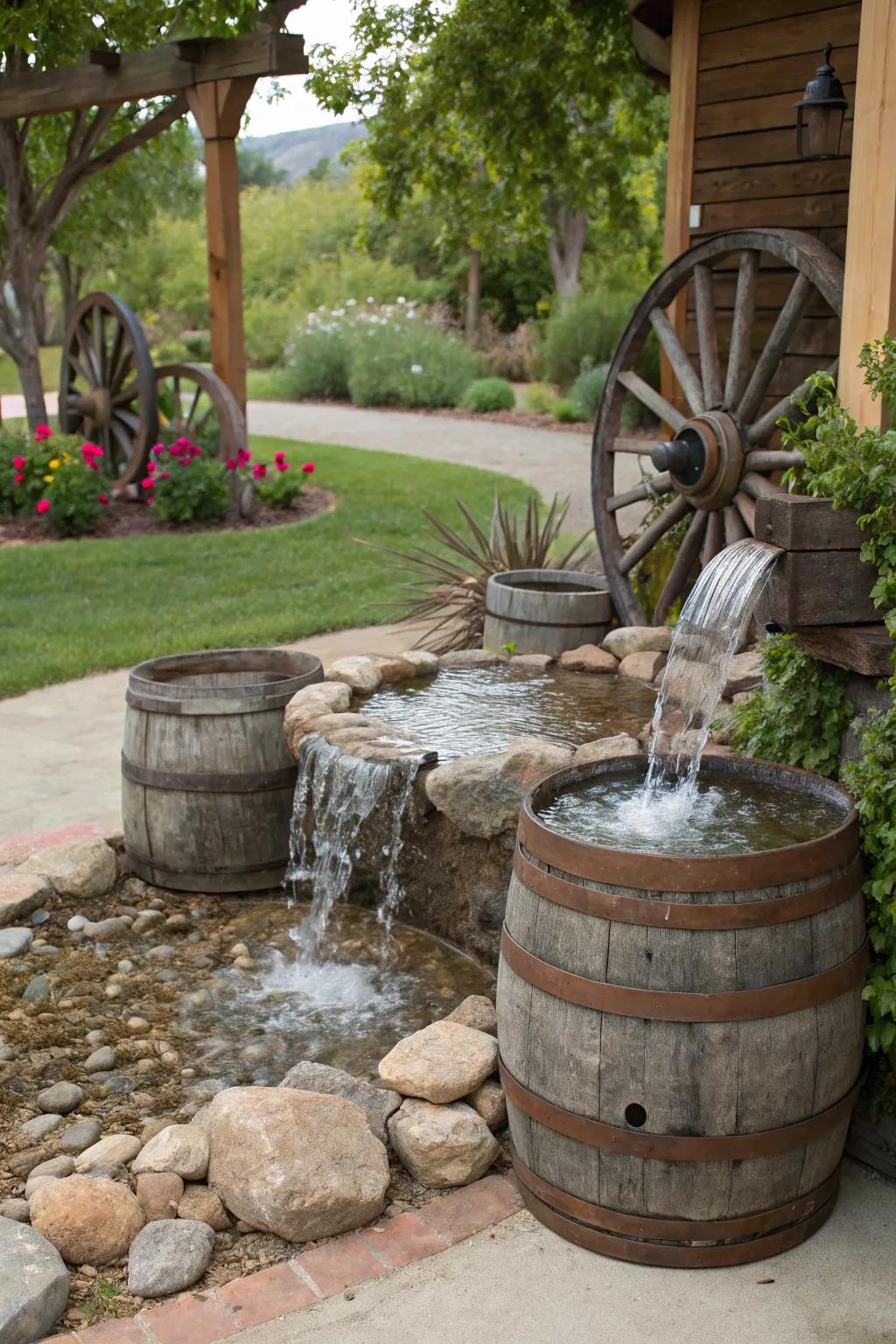 Rustic accents give this fountain a delightful barnyard charm.