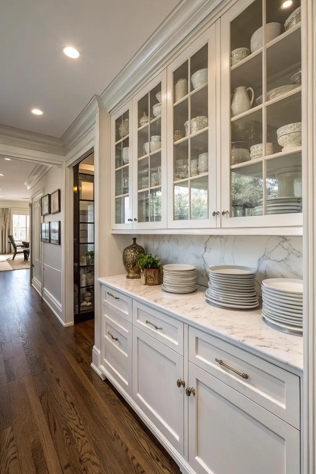 Glass doors add elegance and transparency to pantry storage.