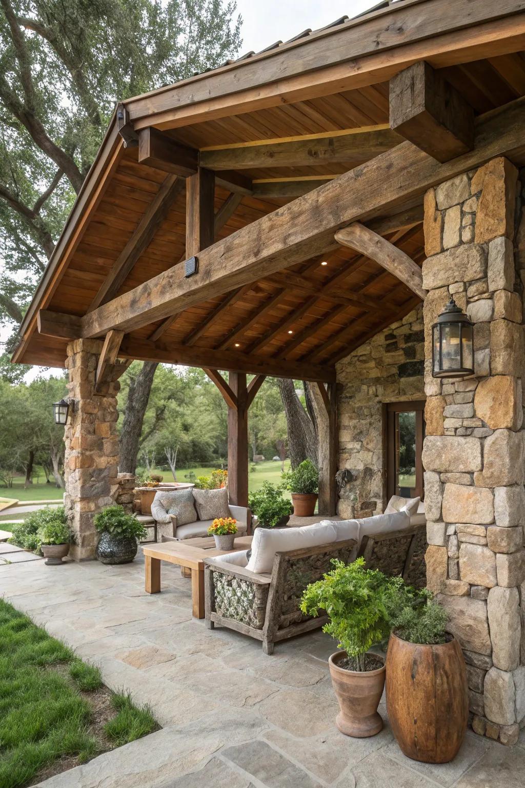 A snug, rustic cabana featuring natural materials.
