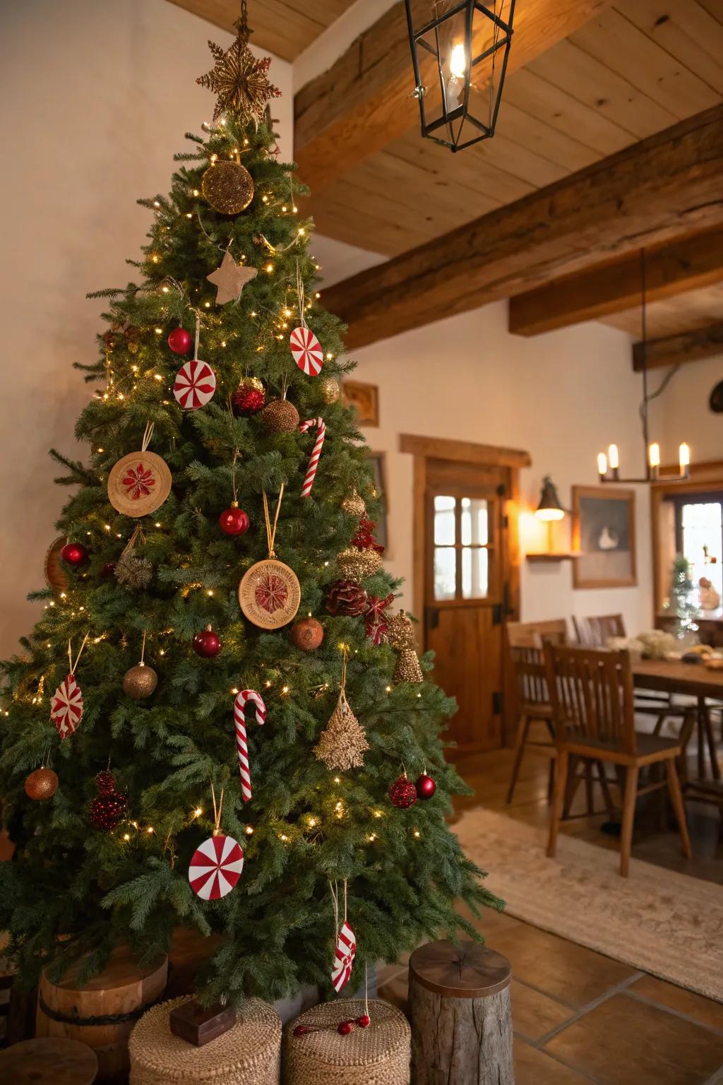 Countryside charm converges with peppermint stick elegance on this tree.