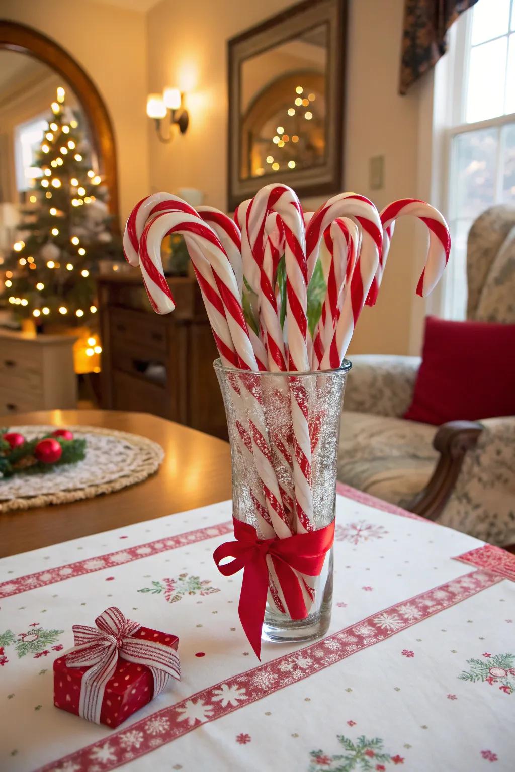 Oversized candy canes provide a bold and festive touch.