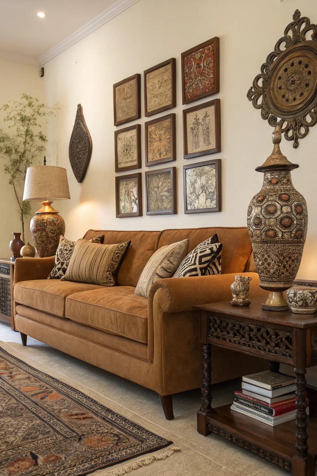 Decorative items personalize a caramel couch setting.