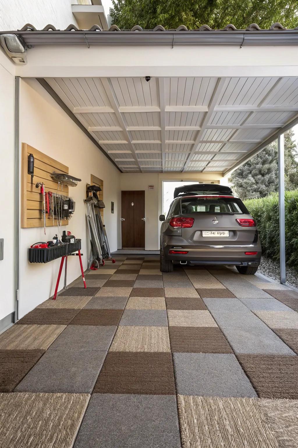 Carpet tiles add warmth and comfort to your carport.