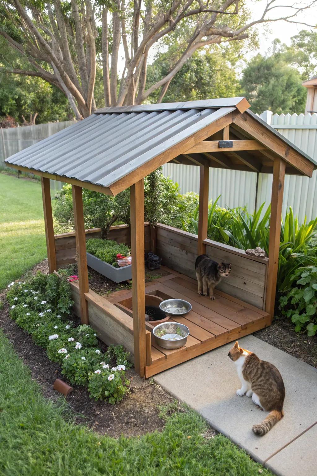 Offer a secure and dry dining area for outdoor cats with a sheltered station.