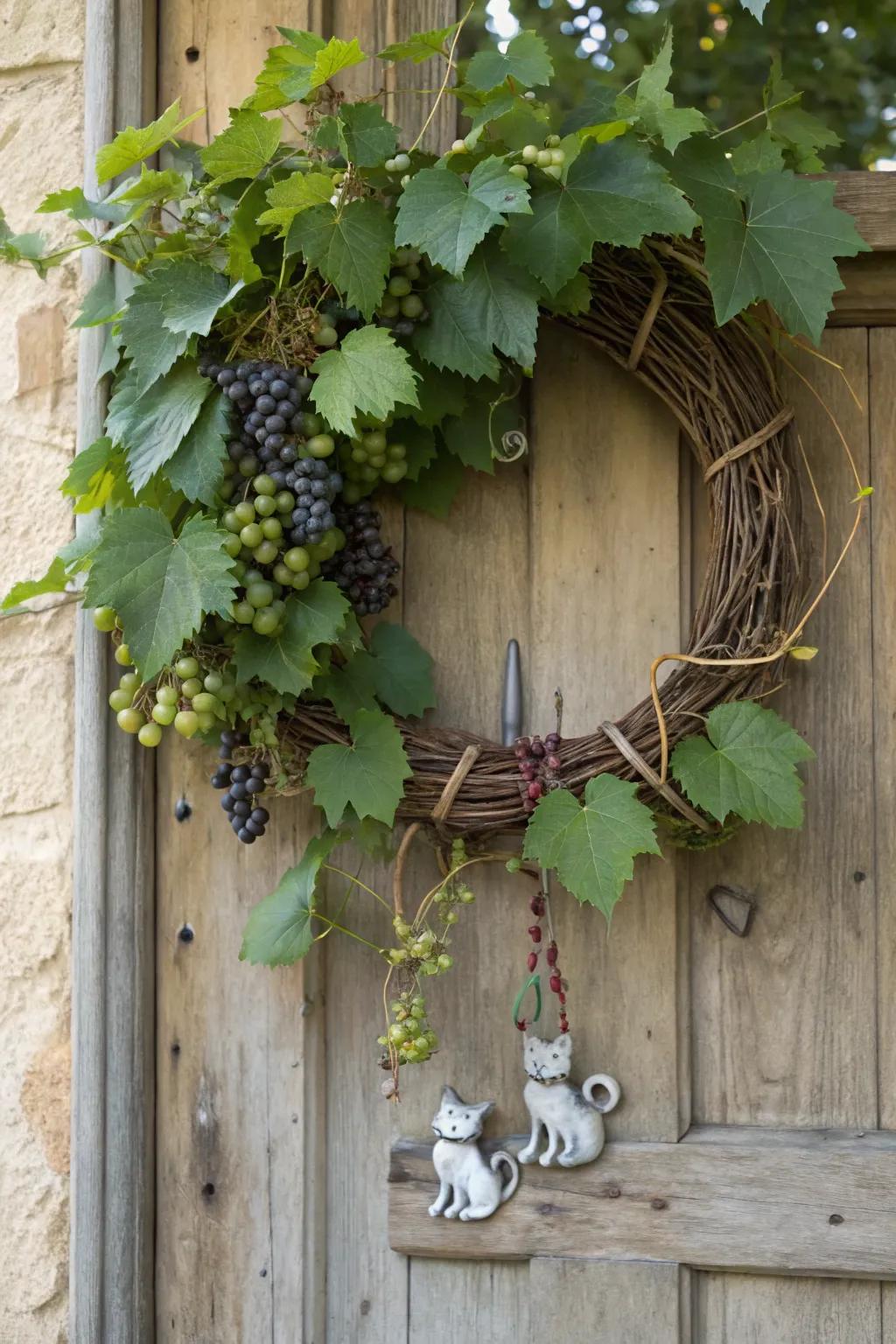 A rustic grapevine cat wreath with a touch of charm.