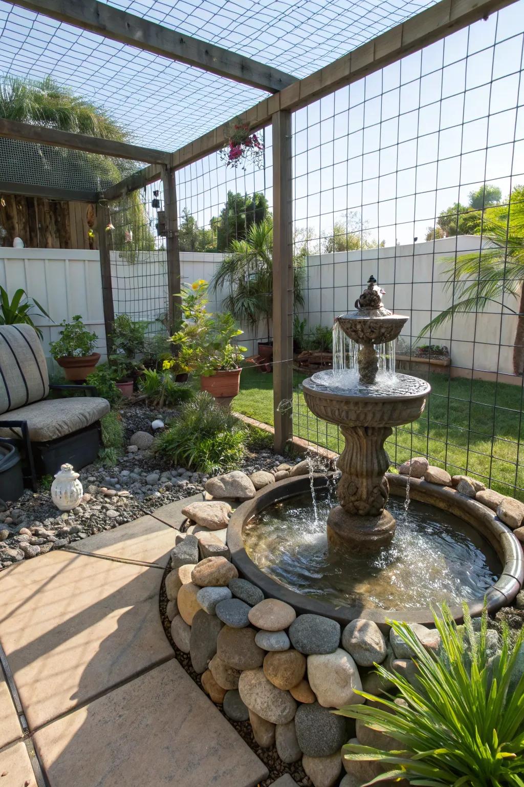 A calming water feature in a catio, offering visual and auditory stimulation for cats.