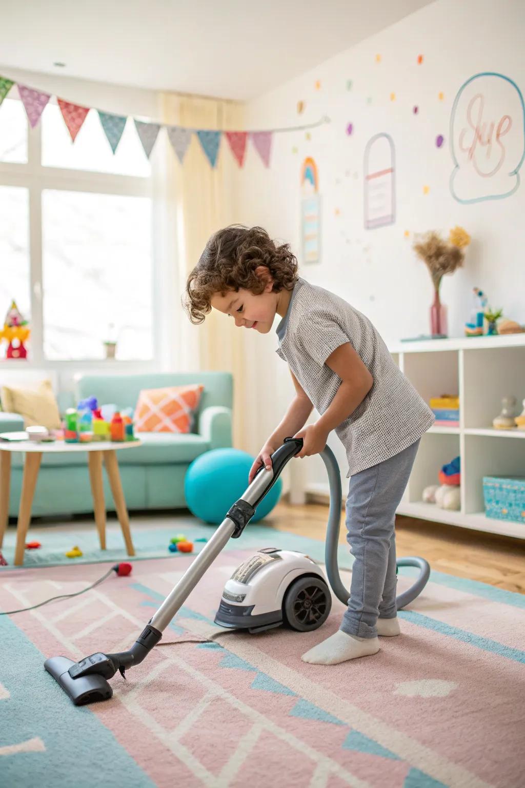 A young helper mastering the art of vacuuming.