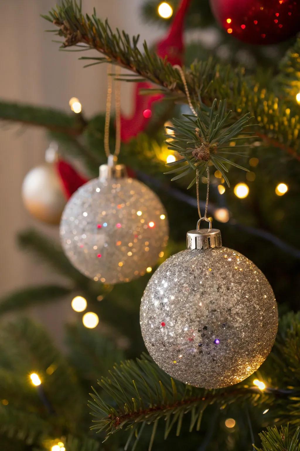 Glitter-filled ornaments bring sparkle and shine to your decor.