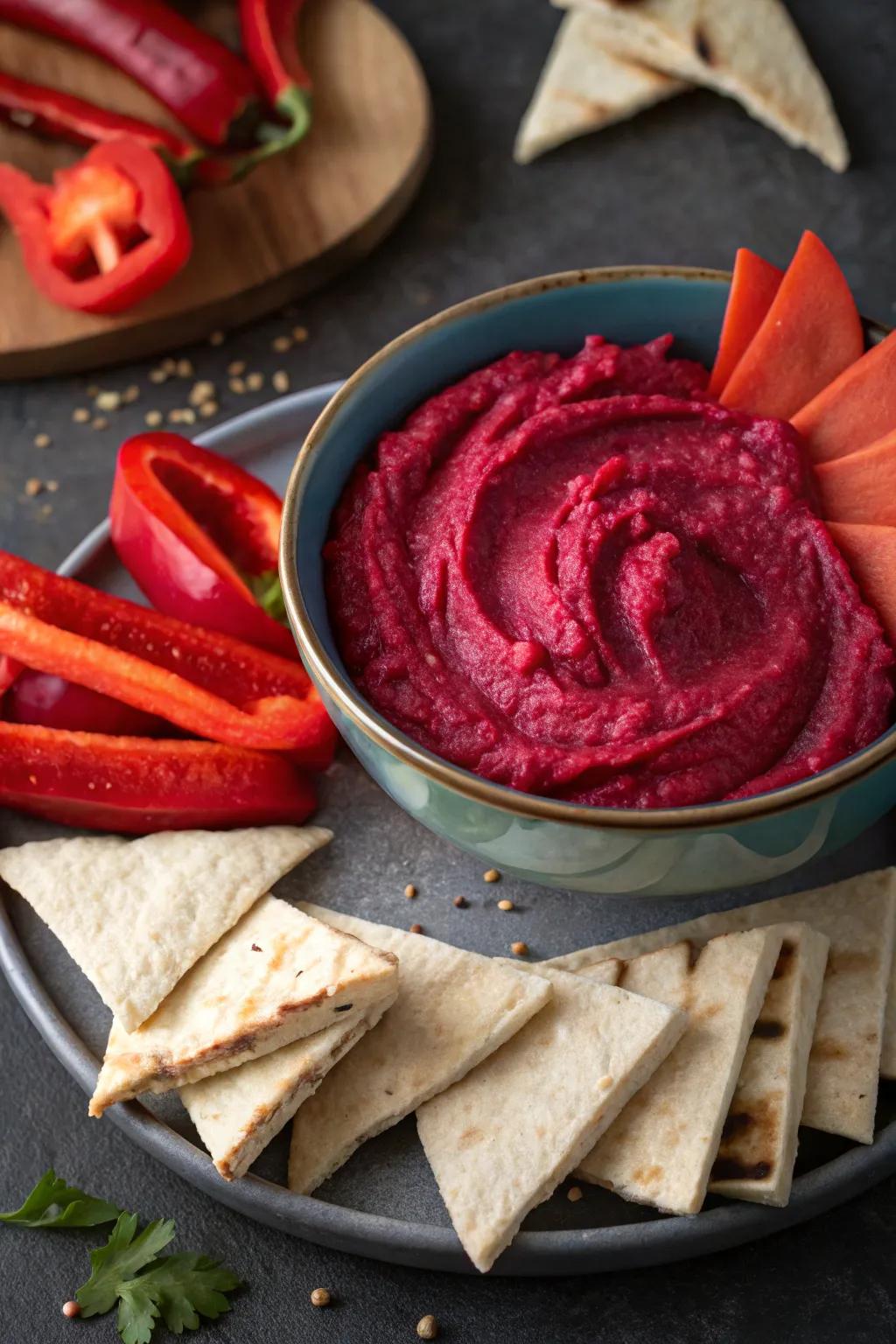 Vibrant beetroot hummus served with red pepper strips.