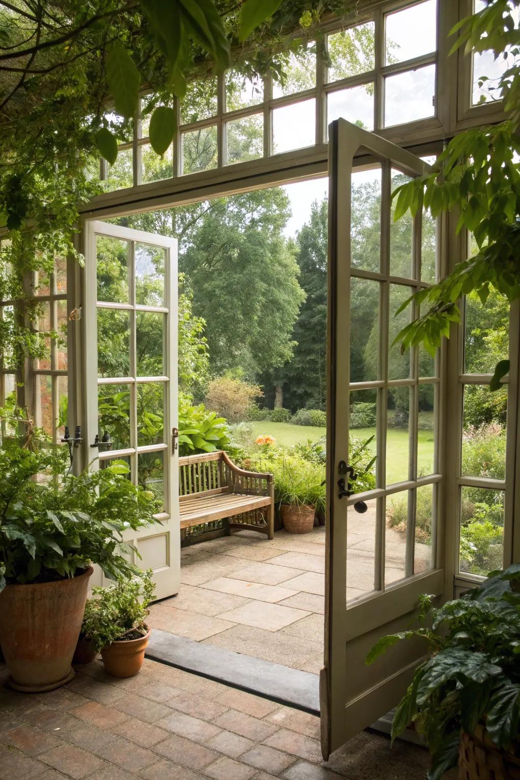 A conservatory with large glass doors opening into a beautiful garden.