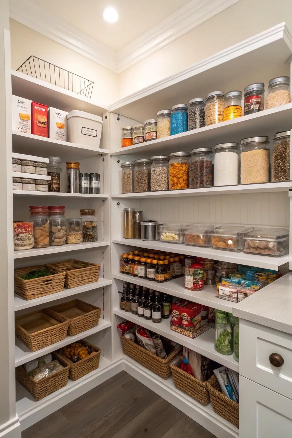 A corner pantry with organized categorized sections.