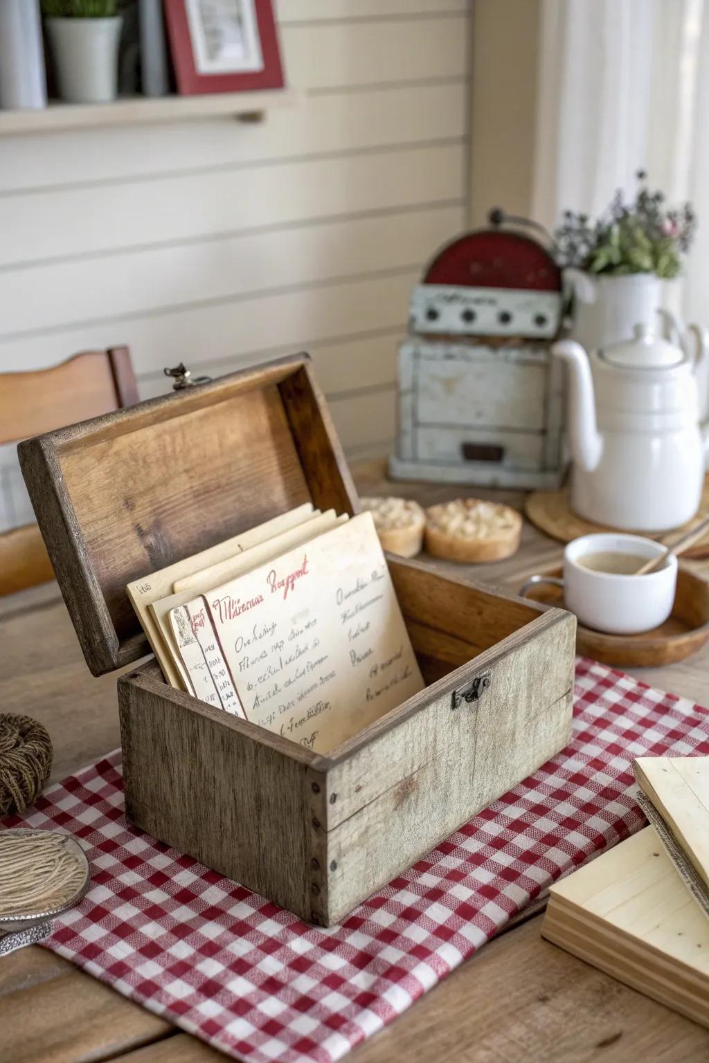 A wooden recipe box preserves culinary traditions beautifully.