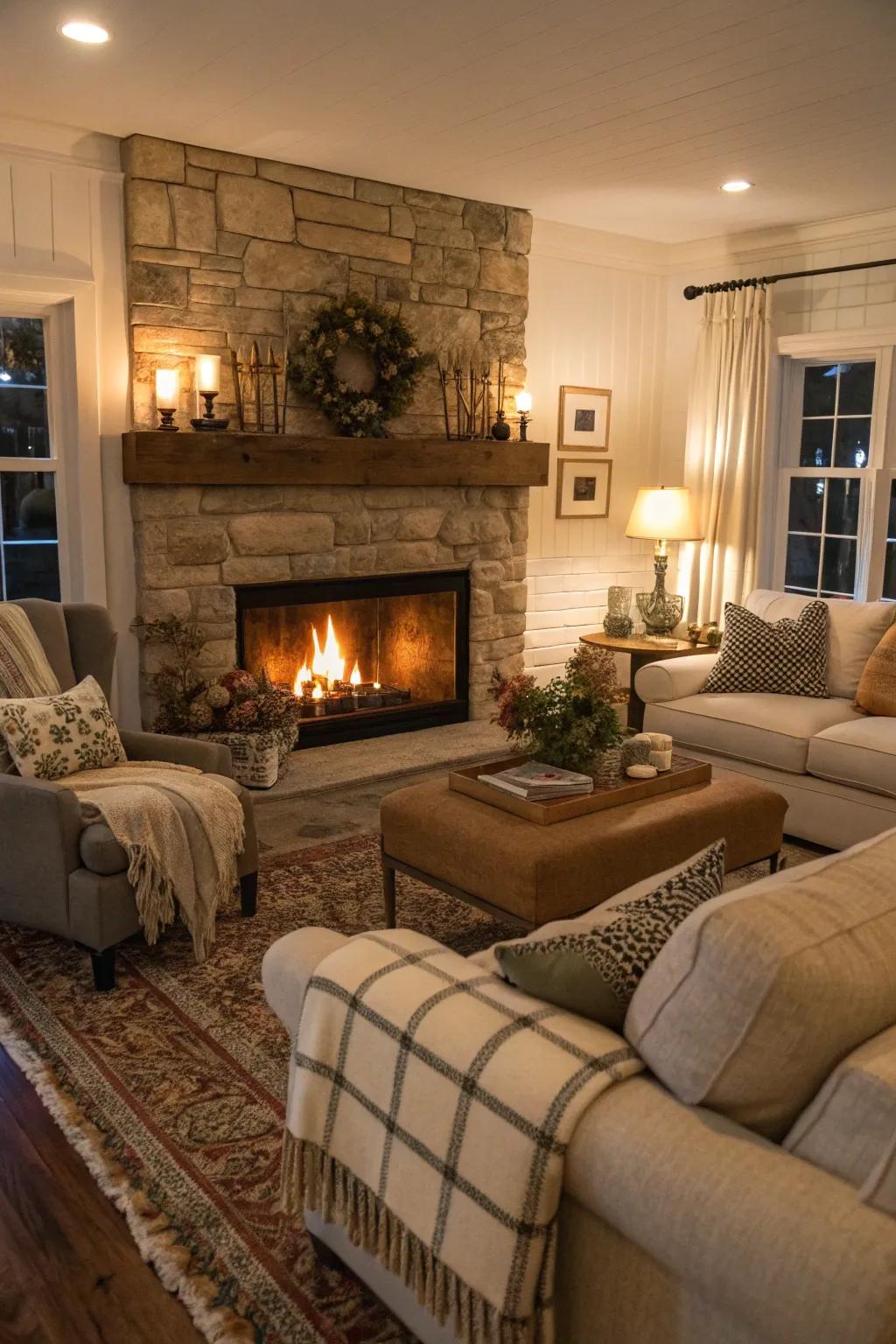 A fireplace creates a warm and inviting focal point.