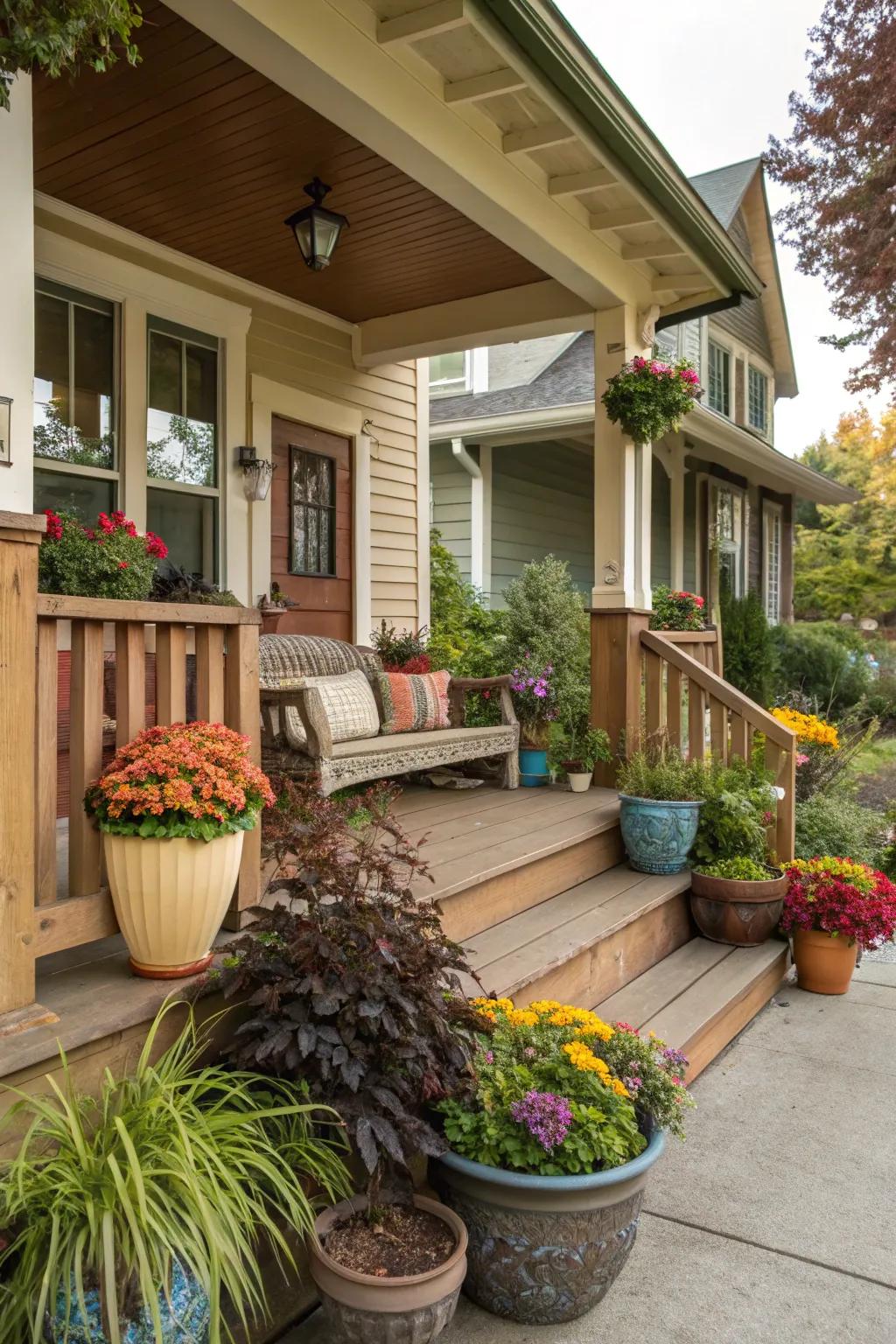 Seasonal plants bring life and color to the porch.