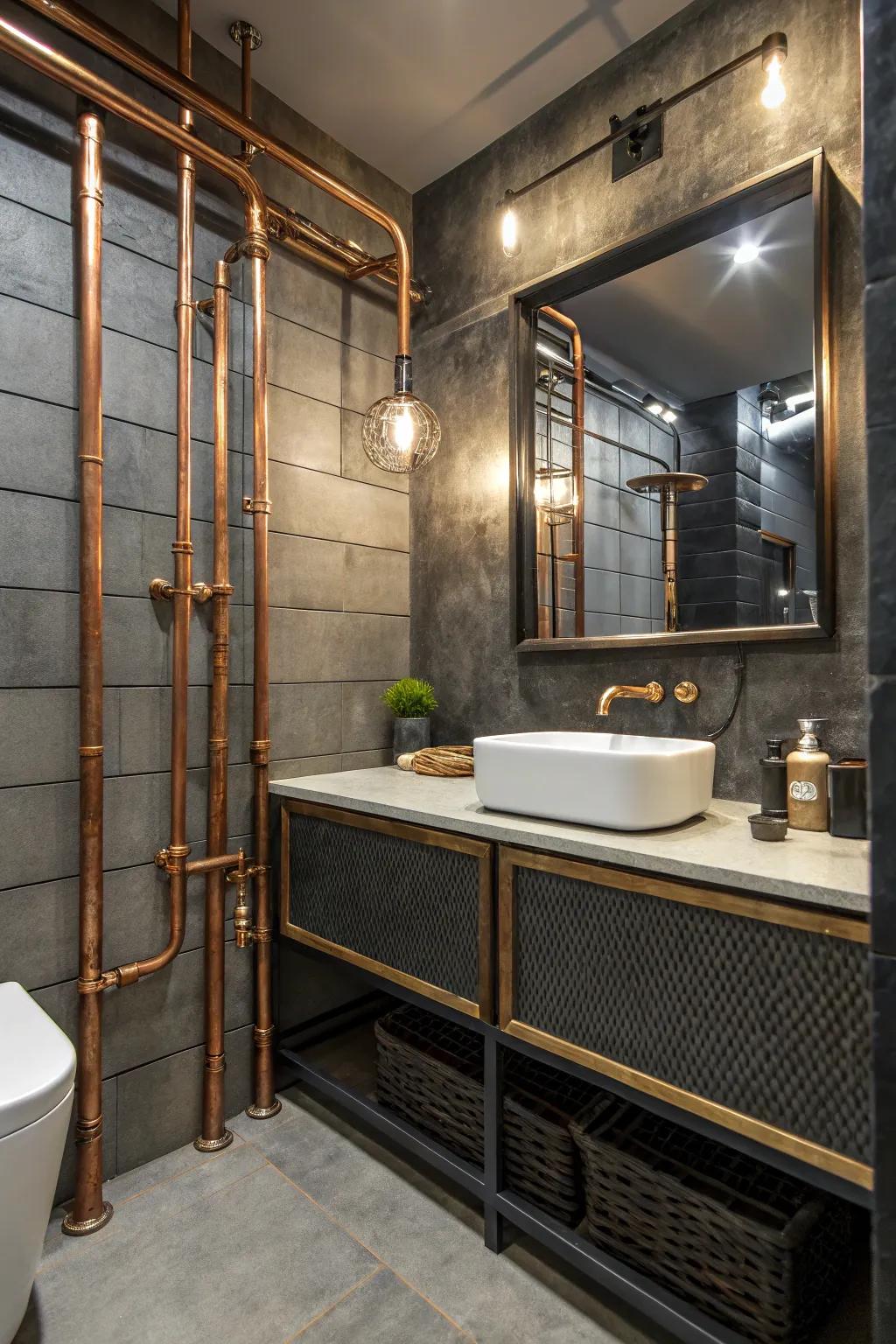 A bathroom exhibiting exposed copper pipes for a distinct industrial impression.