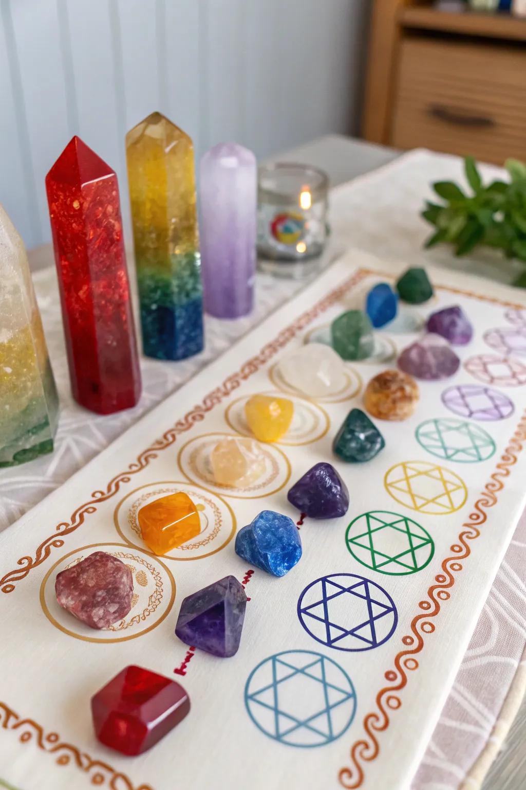 Chakra-themed arrangements create a vibrant altar.