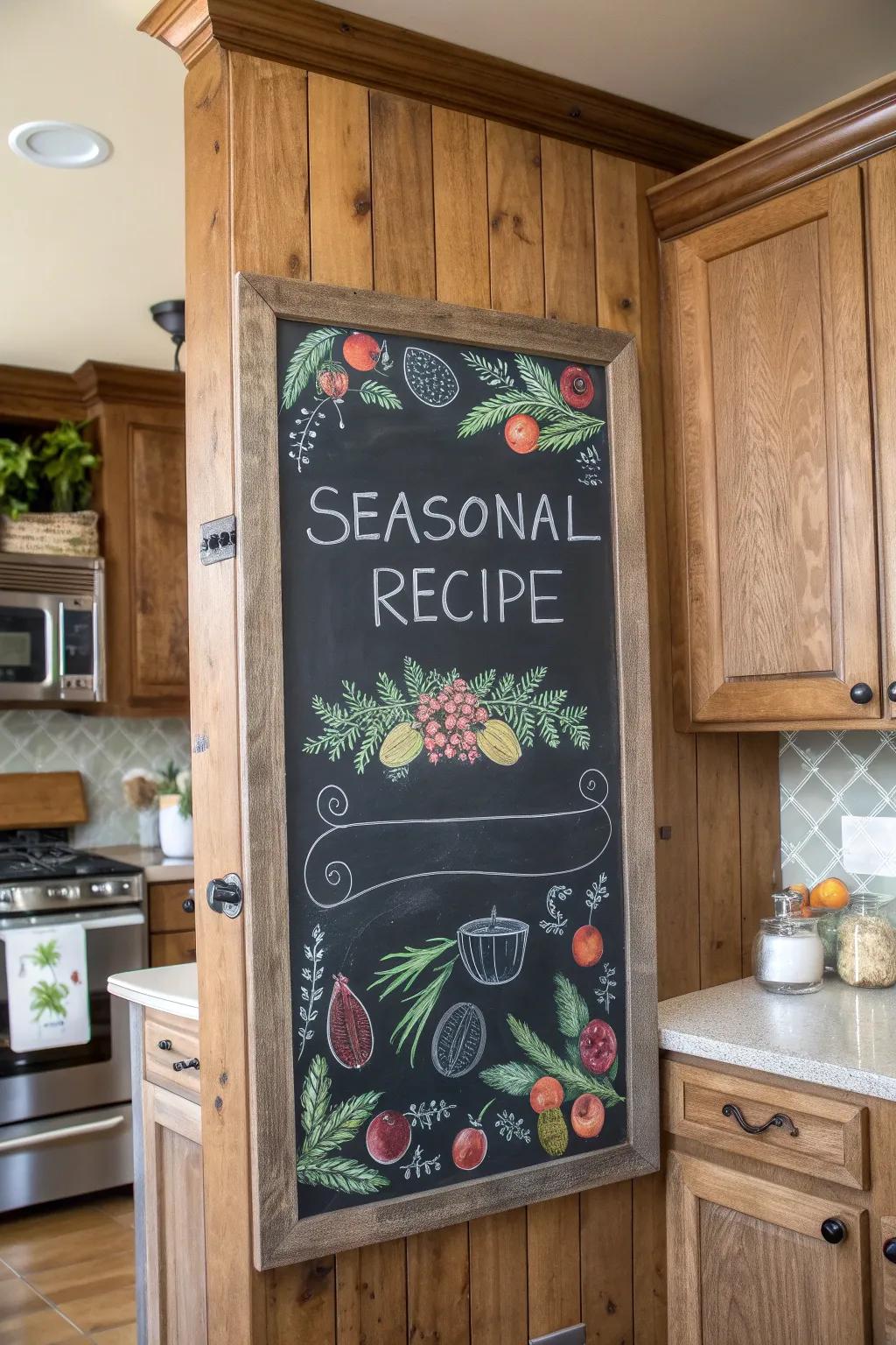 A charming seasonal recipe board in the kitchen.