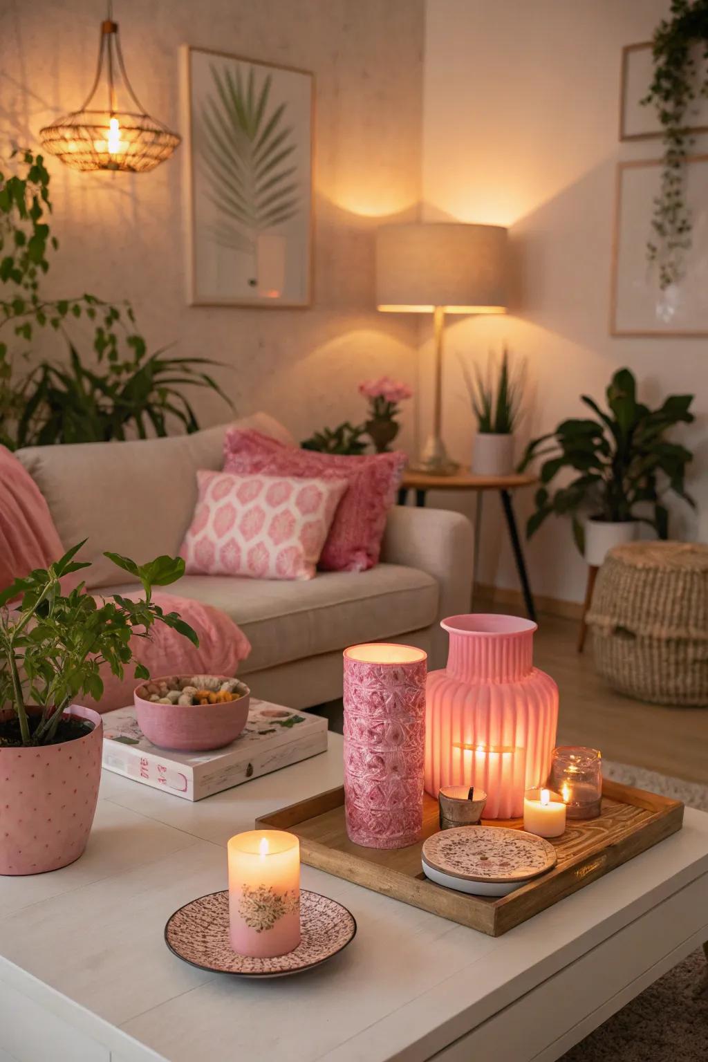 Rose-toned ambient illumination builds a snug atmosphere.