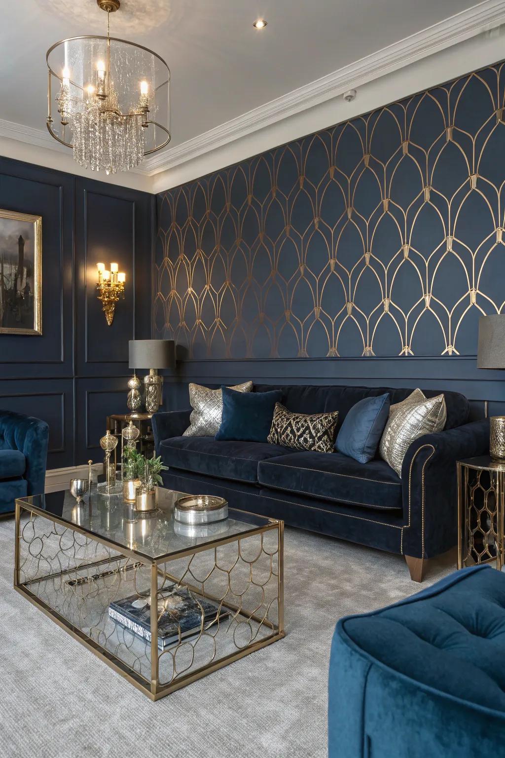 Metallic accents bring a touch of luxury to dark blue walls.