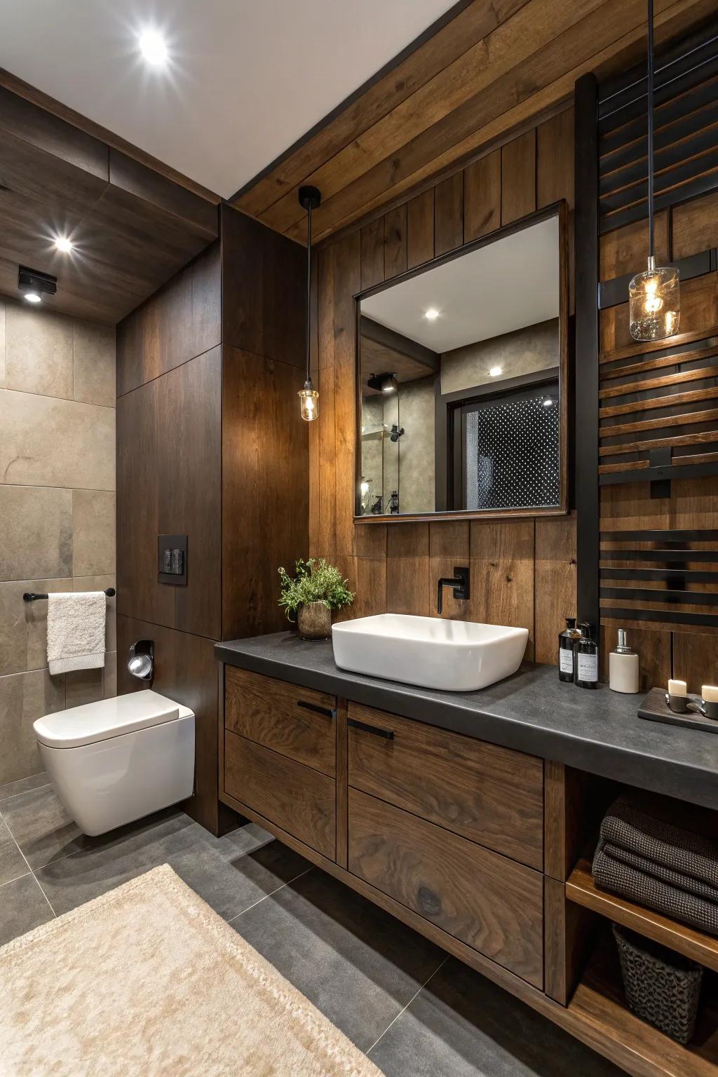 Contemporary fixtures provide a modern edge to this dark wood bathroom.