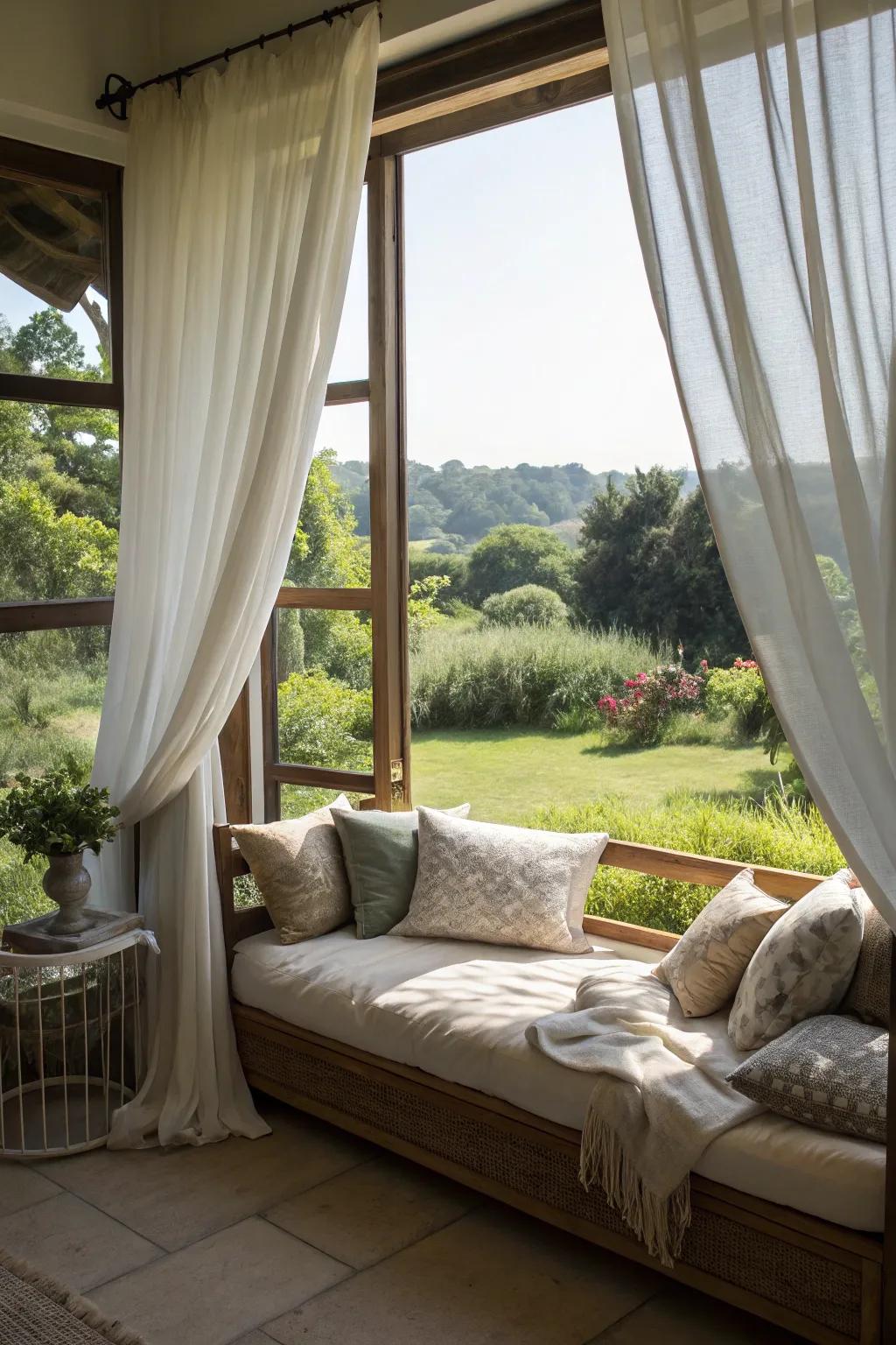 A daybed perfectly positioned by a window, offering natural light and scenic views.