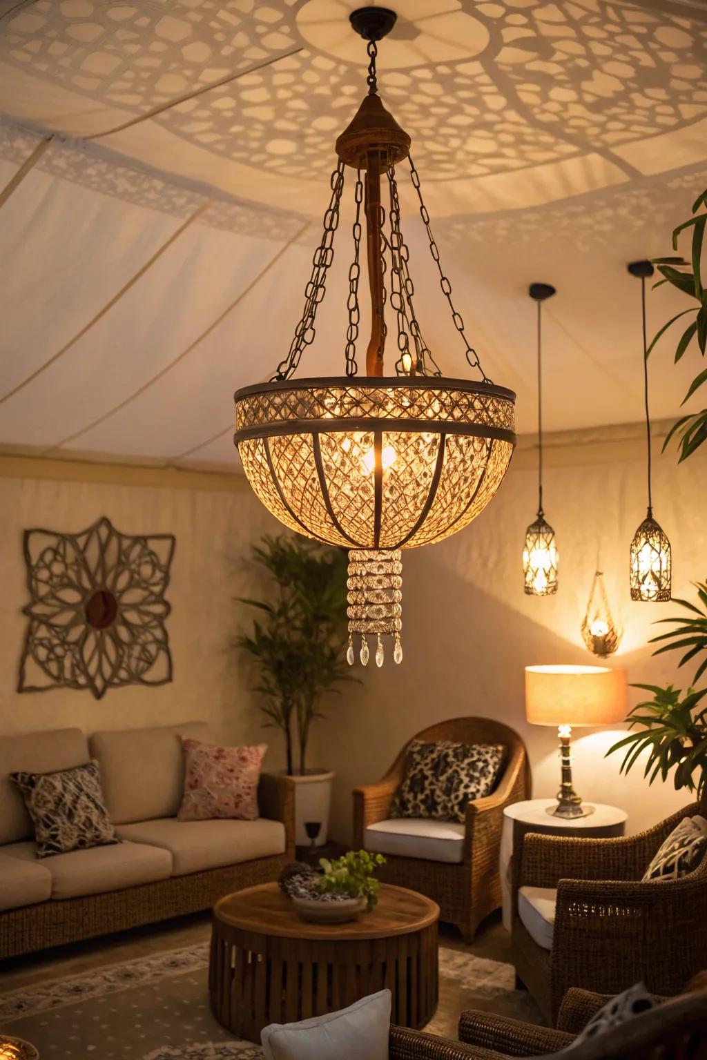 Decorative lighting sets a warm mood.