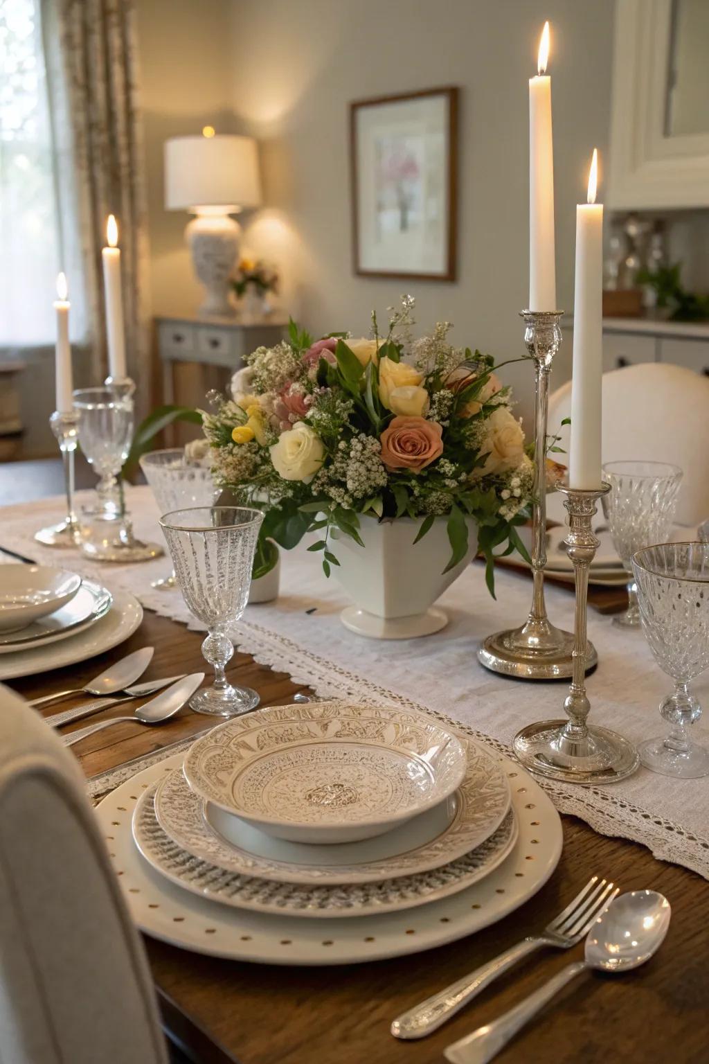 Layered place settings and centerpieces add depth and interest.